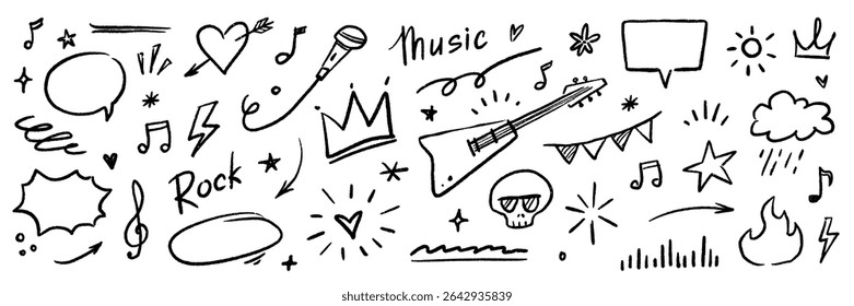 Music star doodle icon punk rock set. Hand drawn music sketch guitar, microphone, skull. Fun graffiti star shape doodle arrow, crown, speech bubble grunge decoration elements. Vector illustration