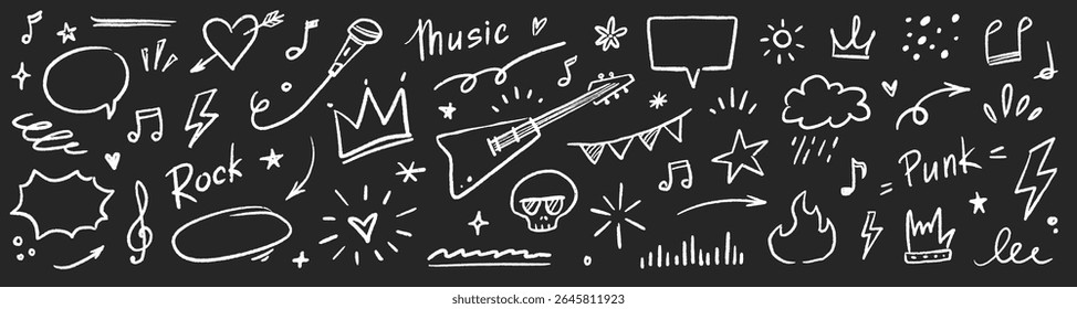 Music star doodle icon punk rock set. Hand drawn music sketch guitar, microphone, skull. Fun graffiti star shape doodle arrow, crown, speech bubble grunge decoration elements. Vector illustration