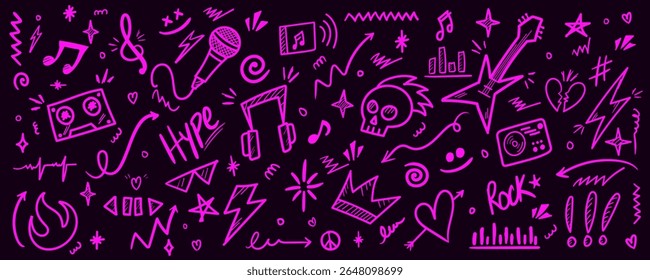 Music Star Doodle Icon Set with Punk Rock Elements Microphone, Guitar, Skull, Arrow, Crown, Thunder and Fun Graffiti Style Hand Drawn Decoration on Dark Background