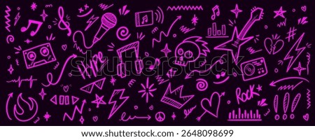 Music Star Doodle Icon Set with Punk Rock Elements Microphone, Guitar, Skull, Arrow, Crown, Thunder and Fun Graffiti Style Hand Drawn Decoration on Dark Background