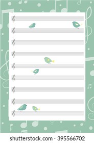 Music. Music stave notes. Cute page for notes with birds. Tenderness, softness. Notebooks,decals, diary, school accessories. Cute vector design