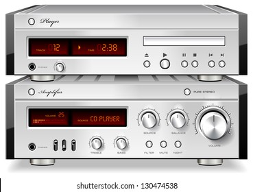 Music Stereo Audio Compact Disc CD Player with Amplifier rack, detailed vector