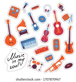 Music stickers. Hand drawn signs. Orchectra symbols. Vector