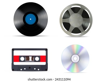 Music storage device - tape reel, vinyl record, compact tape cassette and compact disc