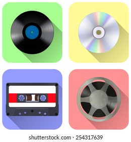 Music storage device: tape reel, vinyl record, compact tape cassette and compact disc - vector drawing, media web icon.