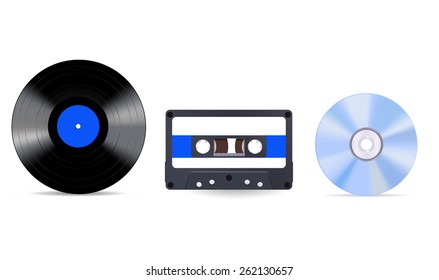 Music storage device - vinyl record, compact tape cassette and compact disc. Vector Illustration isolated on white background.