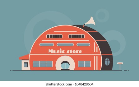 Music store building. Flat vector illustration. Outdoor facade