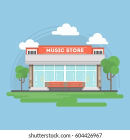 Music store building. Isolated urban building with sign and storefront. City landscape with clouds and trees.