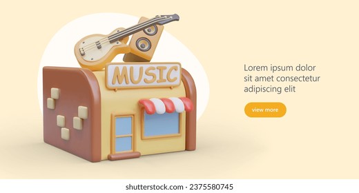 Music store with decorative brick wall and giant 3D musical instruments. Advertisement of institution with live music. Event announcement. Online concept on yellow background