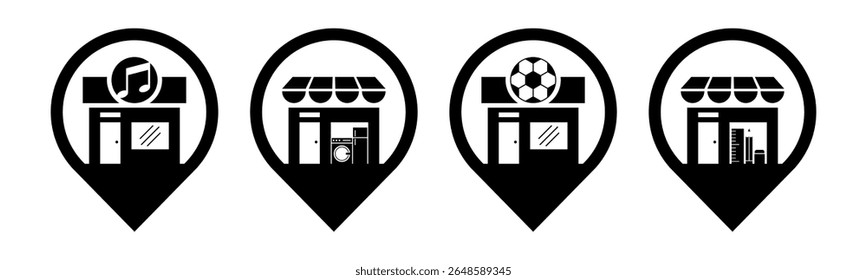Music Store, Electronics Store, Sports Store, Stationery Store with pin location icon set illustration vector.