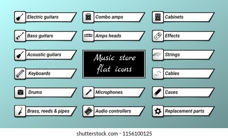 Music store flat icons vector set collection