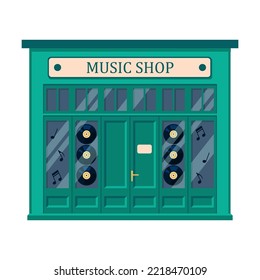 Music Store Front Vector Illustration. Traditional Music Shop Building. Small Business, Retail Concept