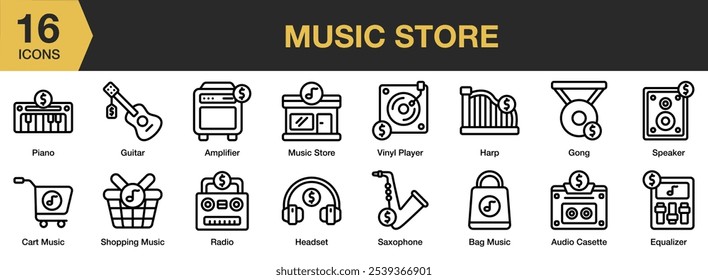 Music Store icon set. Includes amplifier, audio cassette, bag music, equalizer gong, and More. Outline icons vector collection.