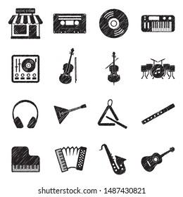 Music Store Icons. Black Scribble Design. Vector Illustration.