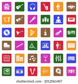 Music Store Icons. White Flat Collection In Square. Vector Illustration.