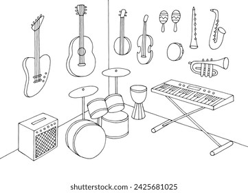 Music store interior graphic black white sketch illustration vector