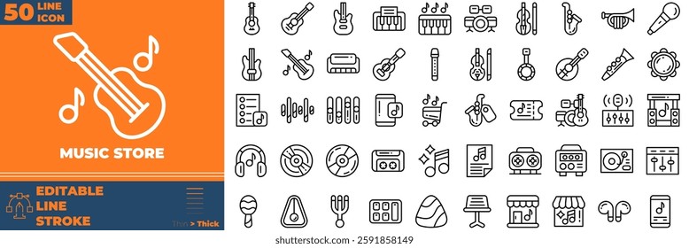 Music Store Line Editable Icons set. Vector illustration in modern thin line style of music store icons: music, microphone, guitar, etc