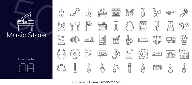 Conjunto de ícones editáveis da linha da loja de músicas. Ilustração vetorial no estilo de linha fina moderna de ícones da loja de música: músico, loja, músico, etc