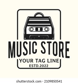 music store logo with a cassette icon in the shape of a shopping cart