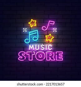 Music Store Neon Sign, Bright Signboard, Light Banner. Rock Festival. Rock Star. Music Storey Logo Neon, Emblem. Vector Illustration