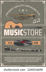 Music store retro vector poster, musical wind and string instruments, old vinyl discs. Trumpet and acoustic guitar, flute and note vintage design. Shop for musicians, musical devices