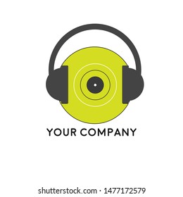 Music Store simple logo template, disk with headset vector - Vector illustration
