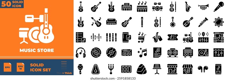 Music Store Solid Editable Icons set. Vector illustration in modern thin solid style of music store icons: music, microphone, guitar, etc