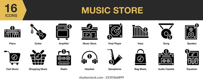 Music Store solid icon set. Includes guitar, harp, headset, piano, radio, saxophone, and More. Solid icons vector collection.