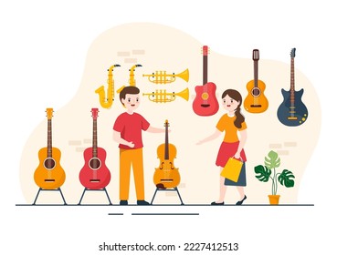Music Store with Various Musical Instruments, CD, Cassette Tapes and Audio Recordings in Flat Style Cartoon Hand Drawn Template Illustration