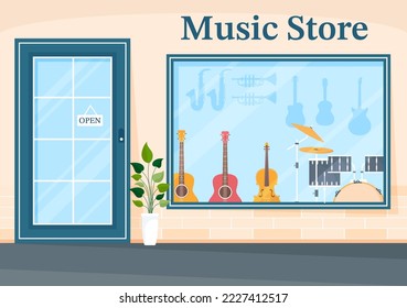 Music Store with Various Musical Instruments, CD, Cassette Tapes and Audio Recordings in Flat Style Cartoon Hand Drawn Template Illustration