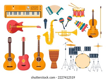 Music Store with Various Musical Instruments, CD, Cassette Tapes and Audio Recordings in Flat Style Cartoon Hand Drawn Template Illustration