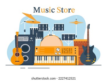 Music Store with Various Musical Instruments, CD, Cassette Tapes and Audio Recordings in Flat Style Cartoon Hand Drawn Template Illustration
