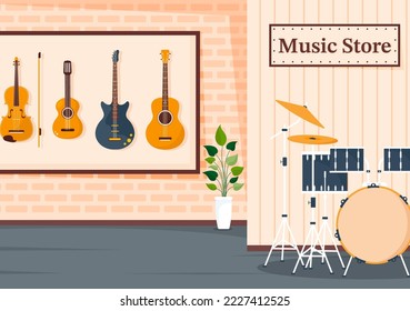 Music Store with Various Musical Instruments, CD, Cassette Tapes and Audio Recordings in Flat Style Cartoon Hand Drawn Template Illustration