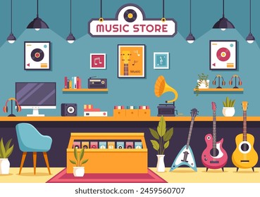 Music Store Vector Illustration with Various Musical Instruments, CD, Cassette Tapes and Audio Recordings in Flat Style Cartoon Background Design