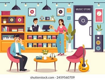 Ilustración vectorial de tienda de música con varios Instrumentos musicales, CD, cintas de cassette y grabaciones de audio en diseño de fondo de dibujos animados de estilo plano