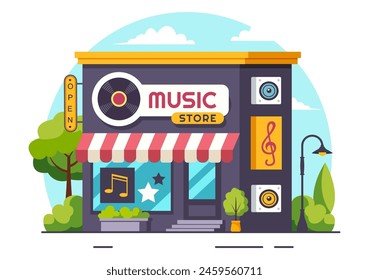 Ilustración vectorial de tienda de música con varios Instrumentos musicales, CD, cintas de cassette y grabaciones de audio en diseño de fondo de dibujos animados de estilo plano