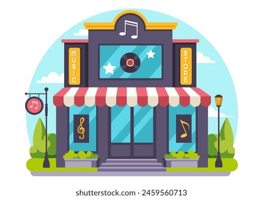 Music Store Vector Illustration with Various Musical Instruments, CD, Cassette Tapes and Audio Recordings in Flat Style Cartoon Background Design