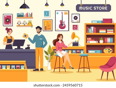 Music Store Vector Illustration with Various Musical Instruments, CD, Cassette Tapes and Audio Recordings in Flat Style Cartoon Background Design