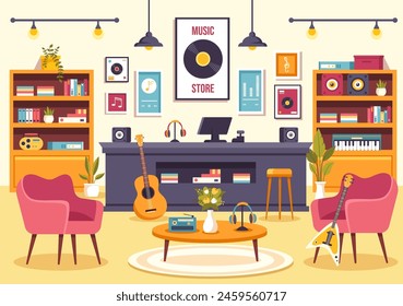 Music Store Vector Illustration with Various Musical Instruments, CD, Cassette Tapes and Audio Recordings in Flat Style Cartoon Background Design