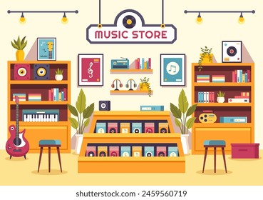 Music Store Vector Illustration with Various Musical Instruments, CD, Cassette Tapes and Audio Recordings in Flat Style Cartoon Background Design