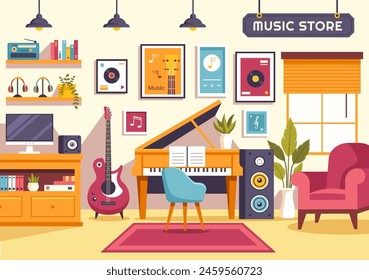 Music Store Vector Illustration with Various Musical Instruments, CD, Cassette Tapes and Audio Recordings in Flat Style Cartoon Background Design