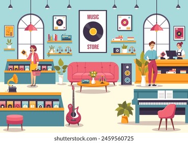 Ilustración vectorial de tienda de música con varios Instrumentos musicales, CD, cintas de cassette y grabaciones de audio en diseño de fondo de dibujos animados de estilo plano