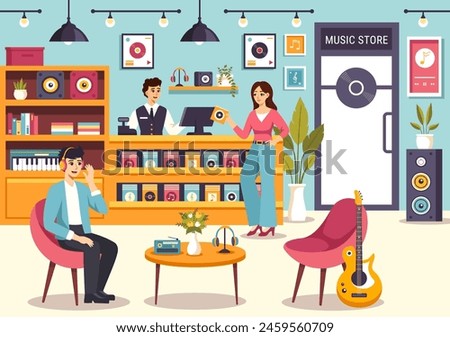 Music Store Vector Illustration with Various Musical Instruments, CD, Cassette Tapes and Audio Recordings in Flat Style Cartoon Background Design