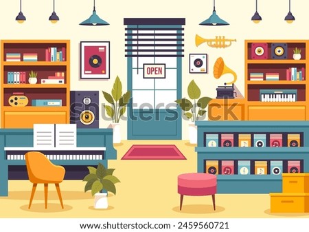Music Store Vector Illustration with Various Musical Instruments, CD, Cassette Tapes and Audio Recordings in Flat Style Cartoon Background Design