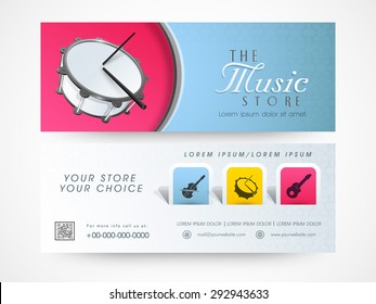 Music store website header or banner set with musical instrument.