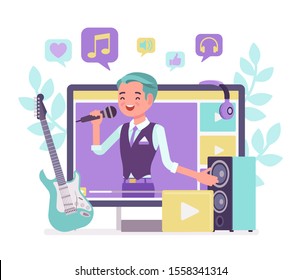 Music streamer boy. Young handsome man broadcasting online popular songs, creating inspiring and entertaining musical content for journal or diary, blogging as hobby and job. Vector illustration