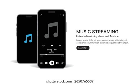 Music Streaming App Interface on Smartphone – Dark Mode Music Player and Audio Mobile App UI and UX Design Template with Song Controls for Online Listening and App Promotion