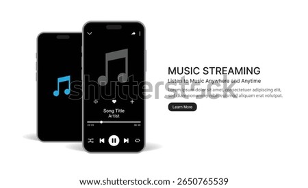 Music Streaming App Interface on Smartphone – Dark Mode Music Player and Audio Mobile App UI and UX Design Template with Song Controls for Online Listening and App Promotion