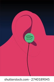 Music Streaming Concept – Ear with Headphone and Sound Wave Vector Illustration