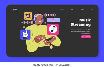 Music Streaming concept A joyful listener selects tunes from a digital library, embodying the ease of accessing diverse music genres at a touch Vector illustration